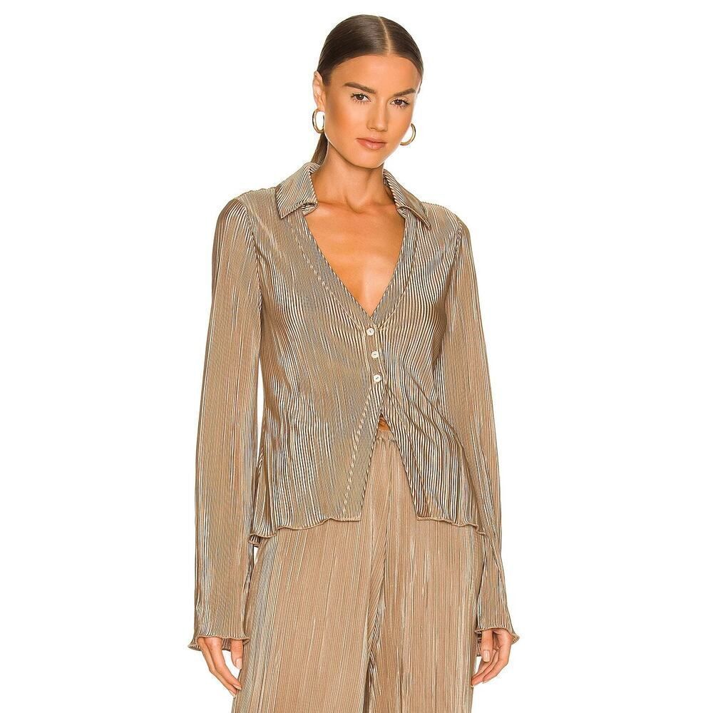 Song of Style Mara ribbed collared gold long sleeve button down shirt Small